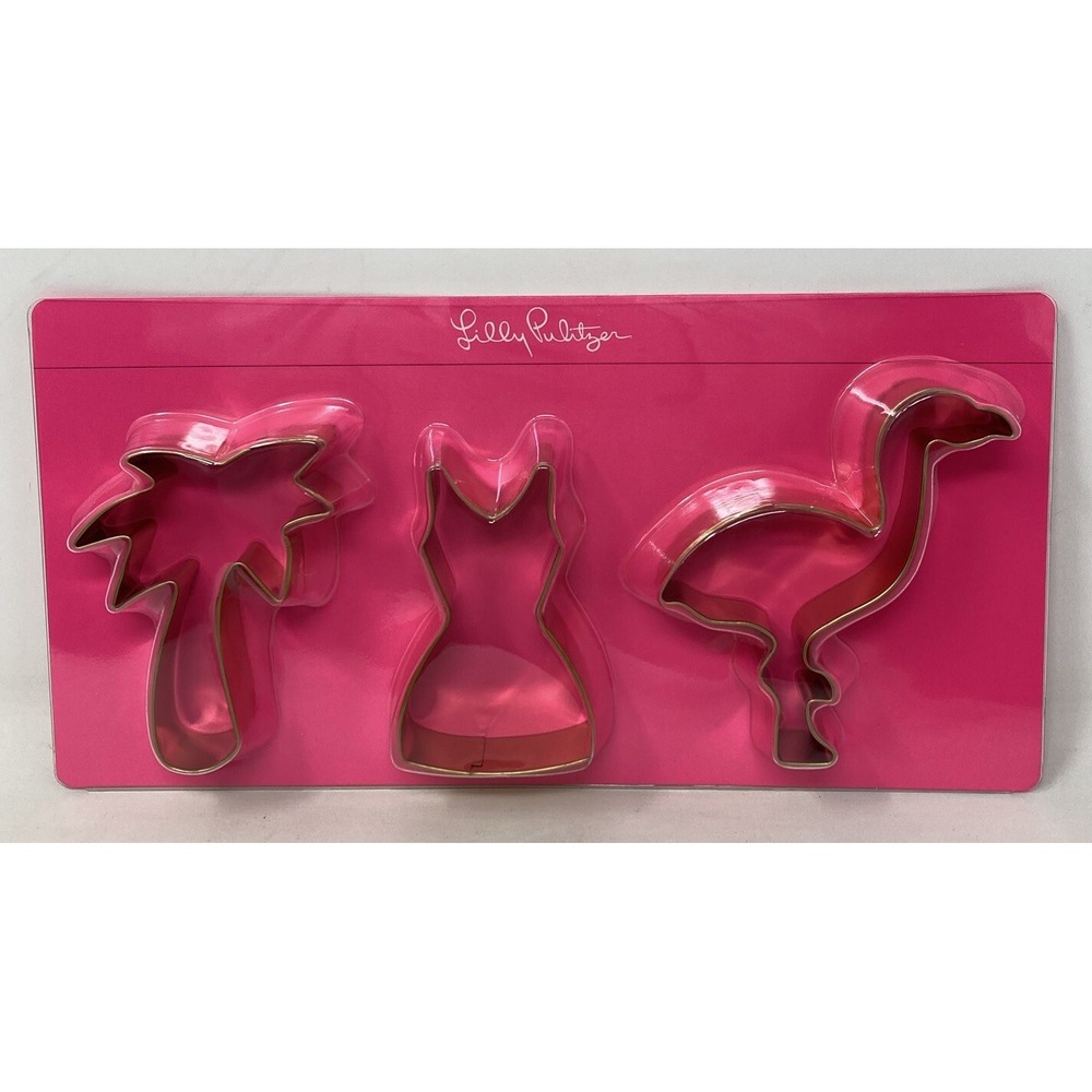 Lilly Pulitzer Set of 3 Cookie Cutters Gold Metallic Flamingo Palm Tree Dress